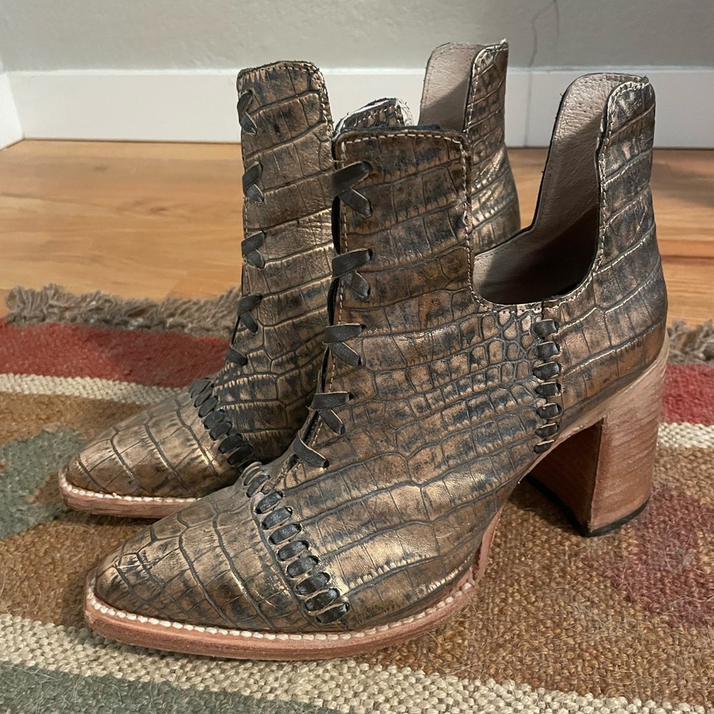 Freebird Bronze Croc-Embossed Ankle Boots